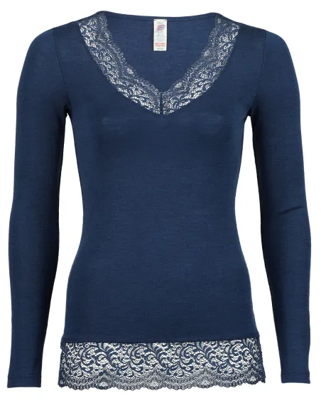T-Shirt Manches Longues Navy avec Dentelle Femme Soie Laine Engel Natur