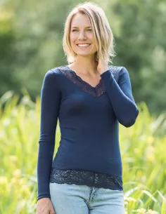 T-Shirt Manches Longues Navy avec Dentelle Femme Soie Laine Engel Natur