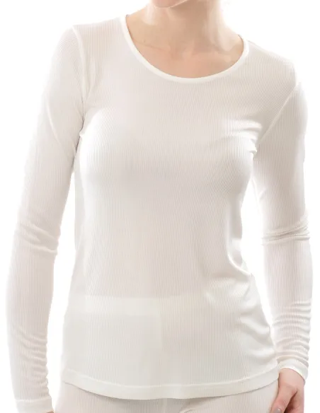 T-Shirt en Soie Côtelé Manches Longues Femme Alkena